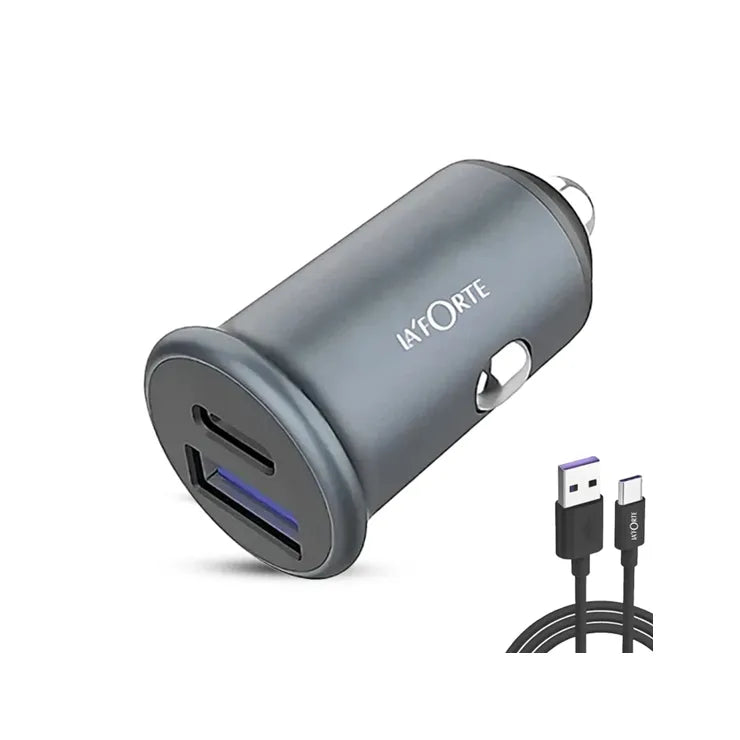 Compact Metal Dual Port Ultra Fast Car Charger With Charging Wire Type C, Grey