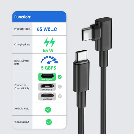 By Flixx USB-C to USB-C Cable with L-Shaped Connector (Black)