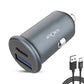 Compact Metal Dual Port Ultra Fast Car Charger With Charging Wire Type C, Grey