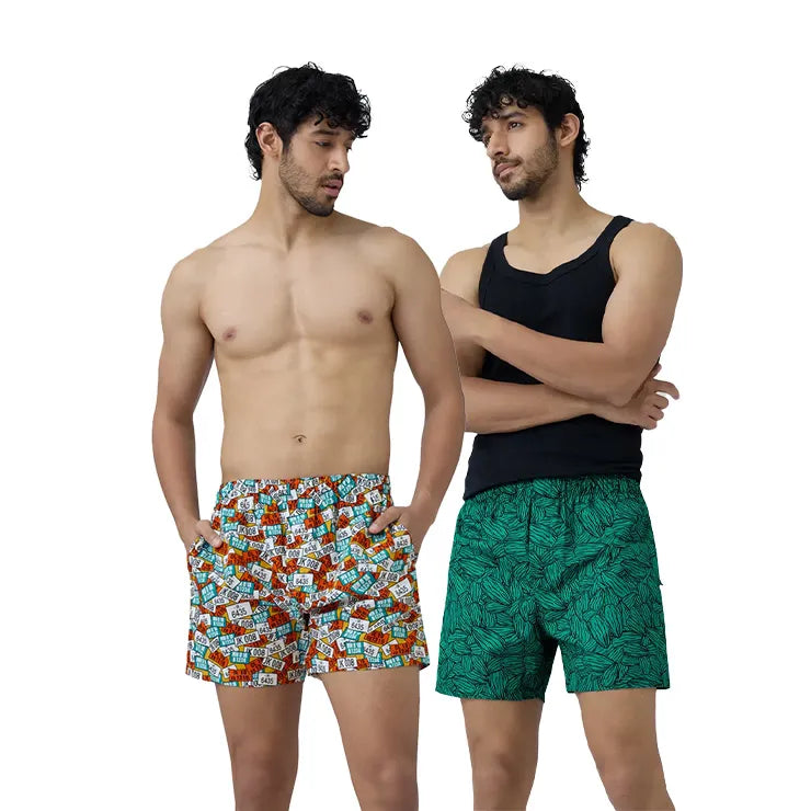 Cotton Men's Boxer Shorts Plate Orange and Nutty Green (Pack of 2)