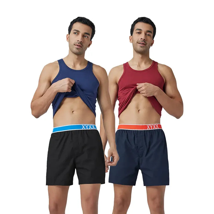 Cotton Men's Boxer Shorts Pitch Black and Navy Blue (Pack of 2)