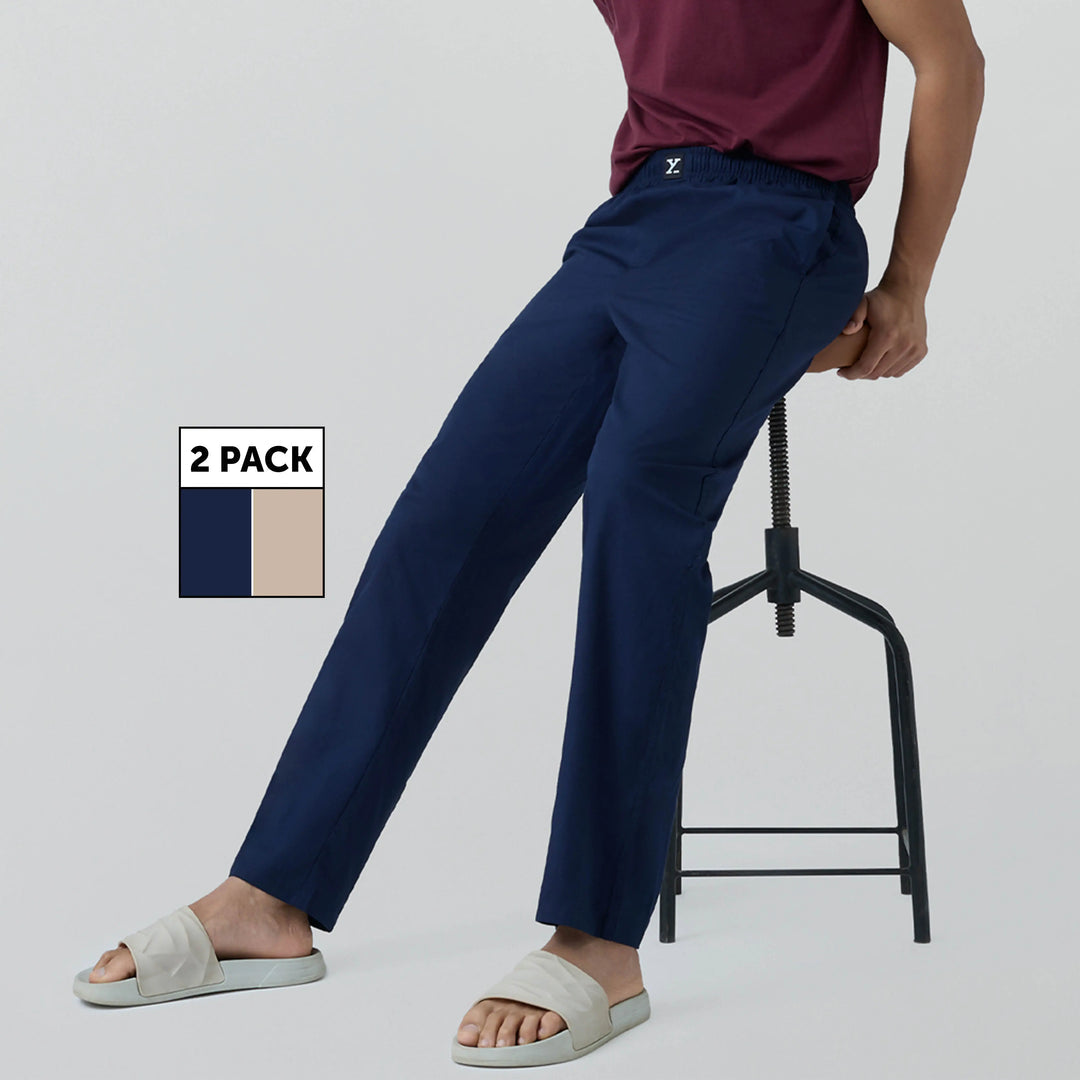 Cotton Men Pyjamas Midnight Blue and Tan Brown (Pack of 2)