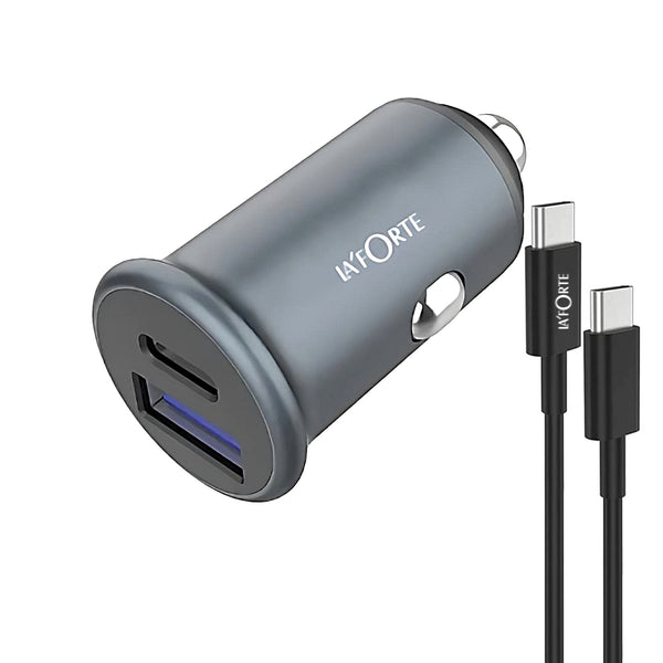 Compact Metal Dual Port Ultra Fast Car Charger With Charging Wire Type C, Grey