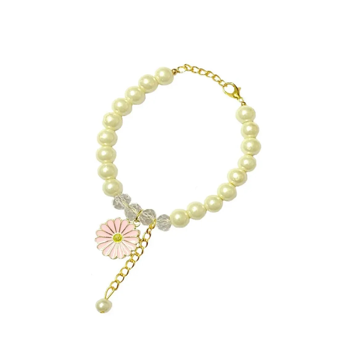 Pink Daisy Crystal Pearl Charm Bracelet for Women